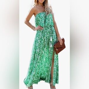 Women's Dress Tropical Print Tassel Detail Split Thigh Tube Dress-Size Small